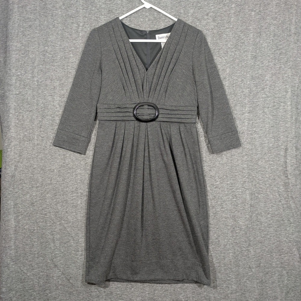 Danny & Nicole Gray Pleated Career Sheath Dress 3/4 Sleeve Buckle Accent Size 6